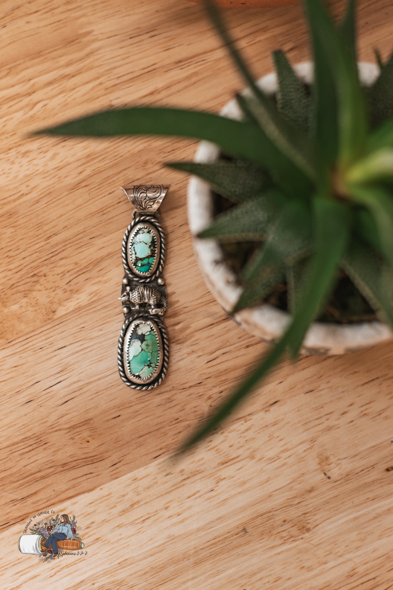 SALE Genuine Turquoise, Sterling Silver with Hand Engraving Armadillo Pendant ONLY