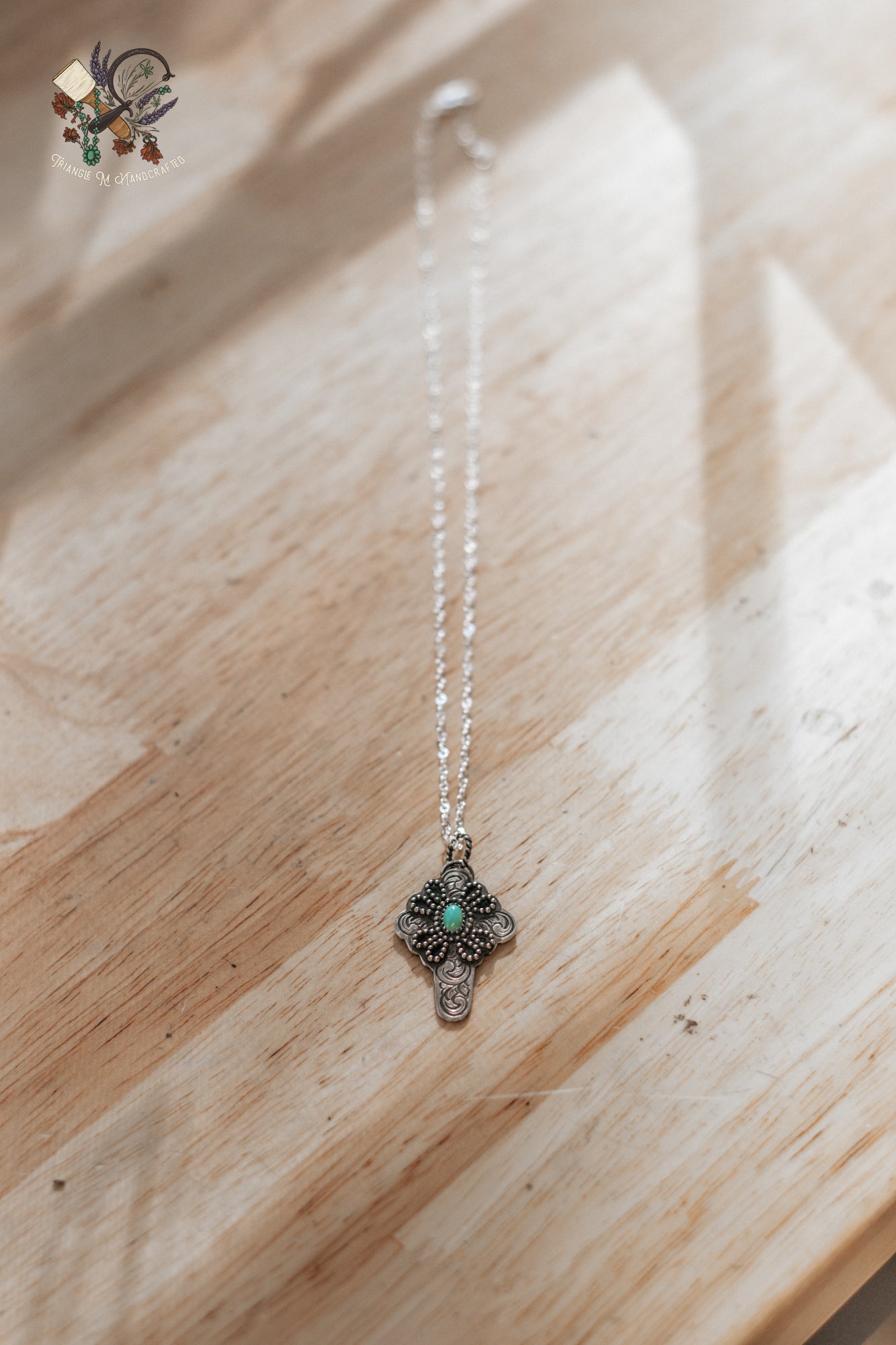 SALE Genuine Turquoise, Sterling Silver with Hand Engraving Cross Pendant