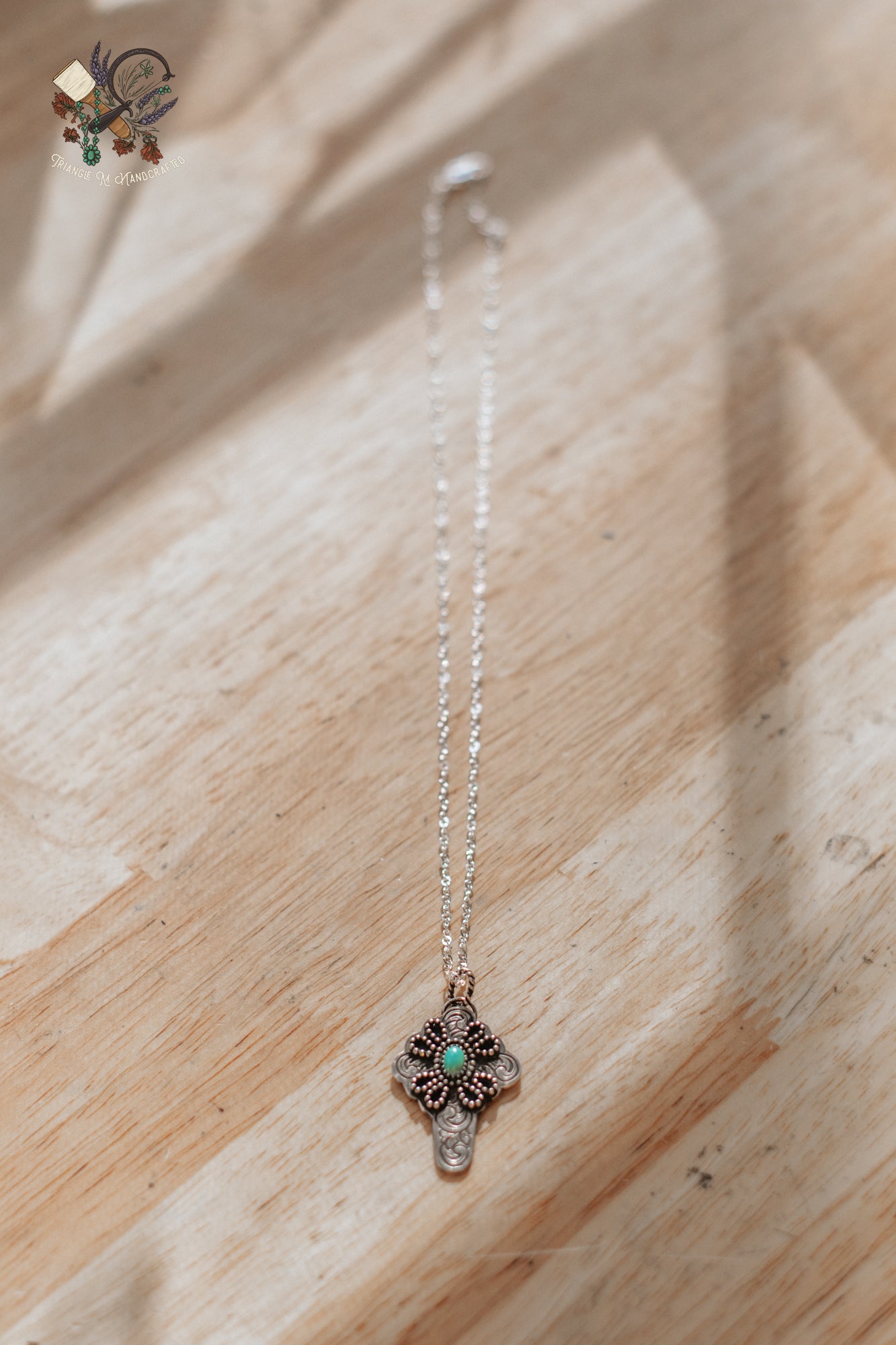 SALE Genuine Turquoise, Sterling Silver with Hand Engraving Cross Pendant