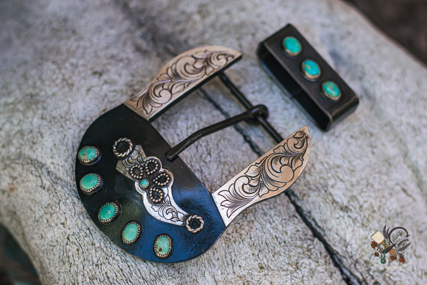 Hand Engraved 1.5" Steel Belt Buckle with Genuine Turquoise and sterling silver Accents (Includes Keeper)