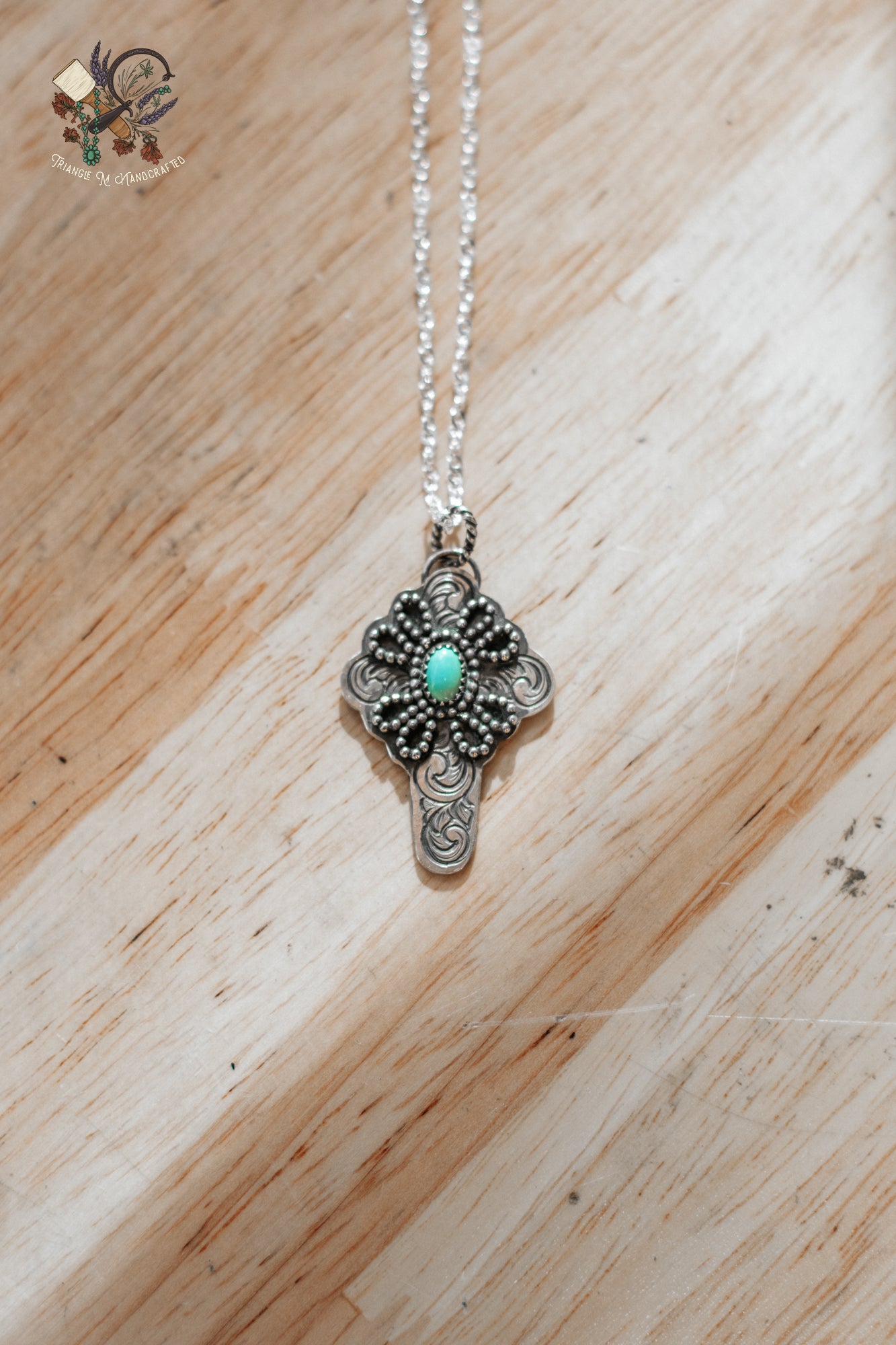 SALE Genuine Turquoise, Sterling Silver with Hand Engraving Cross Pendant