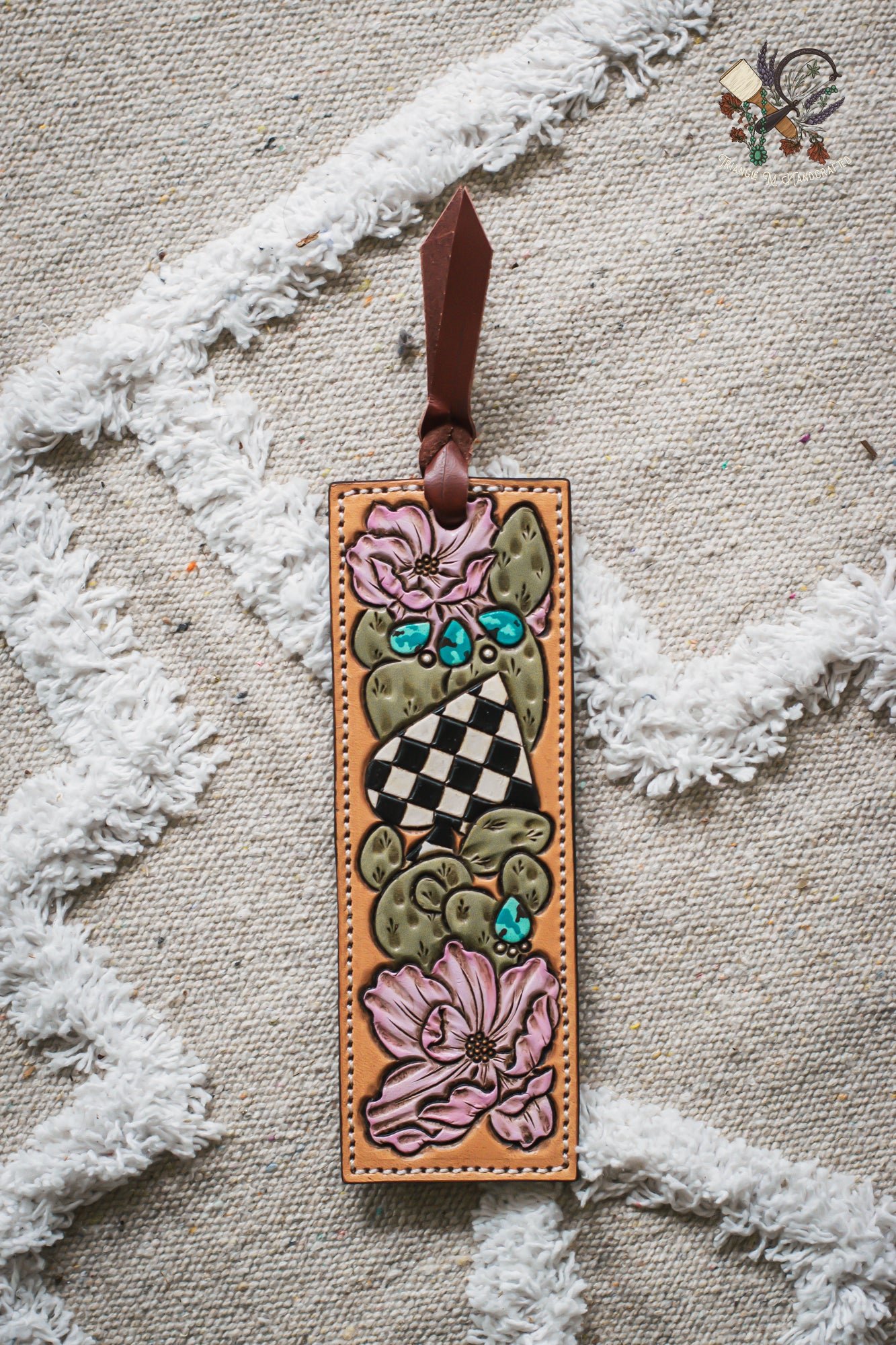 Hand Tooled Leather Bookmark Turquoise, Flowers and Checkered Spade