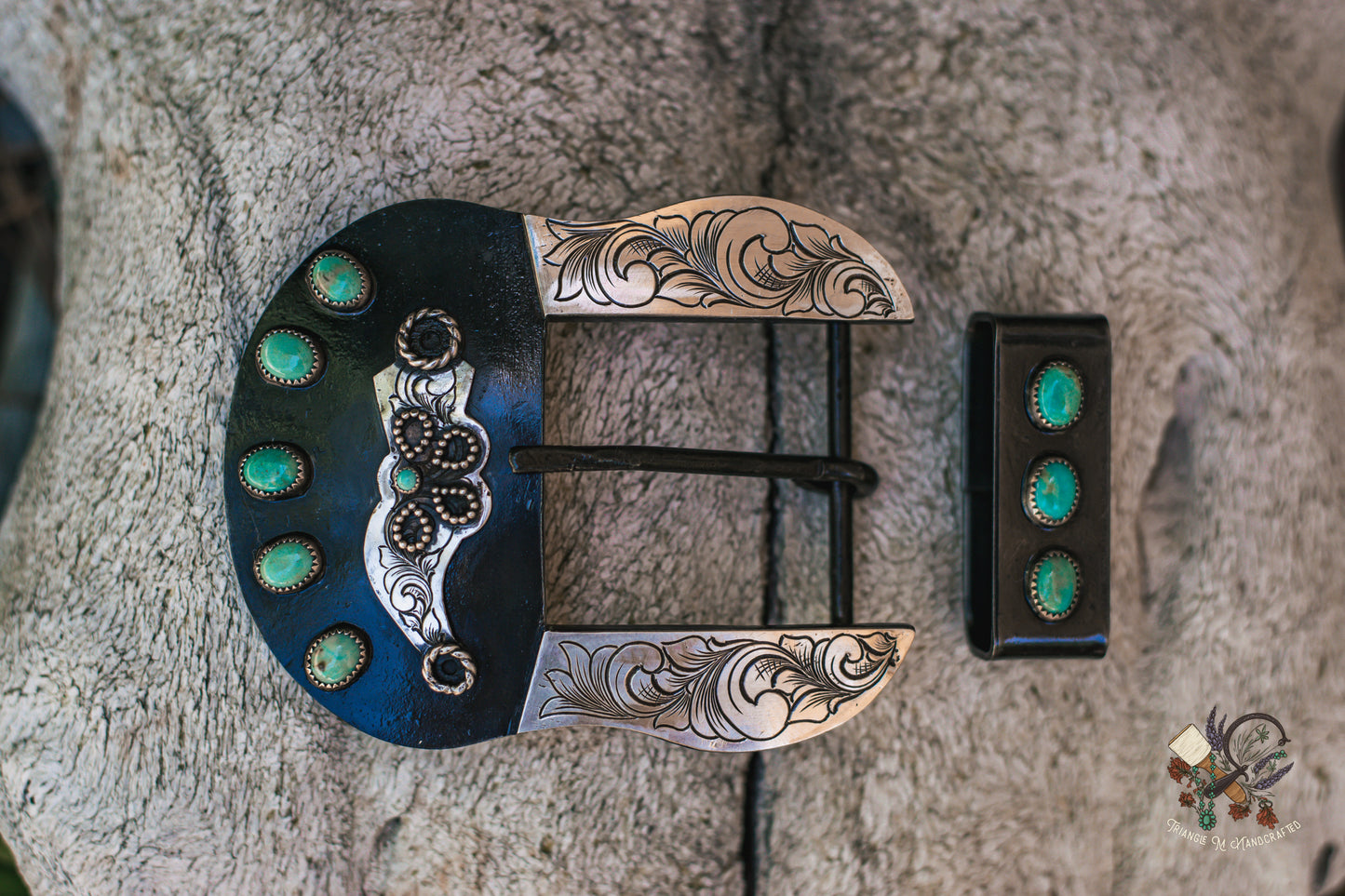 Hand Engraved 1.5" Steel Belt Buckle with Genuine Turquoise and sterling silver Accents (Includes Keeper)