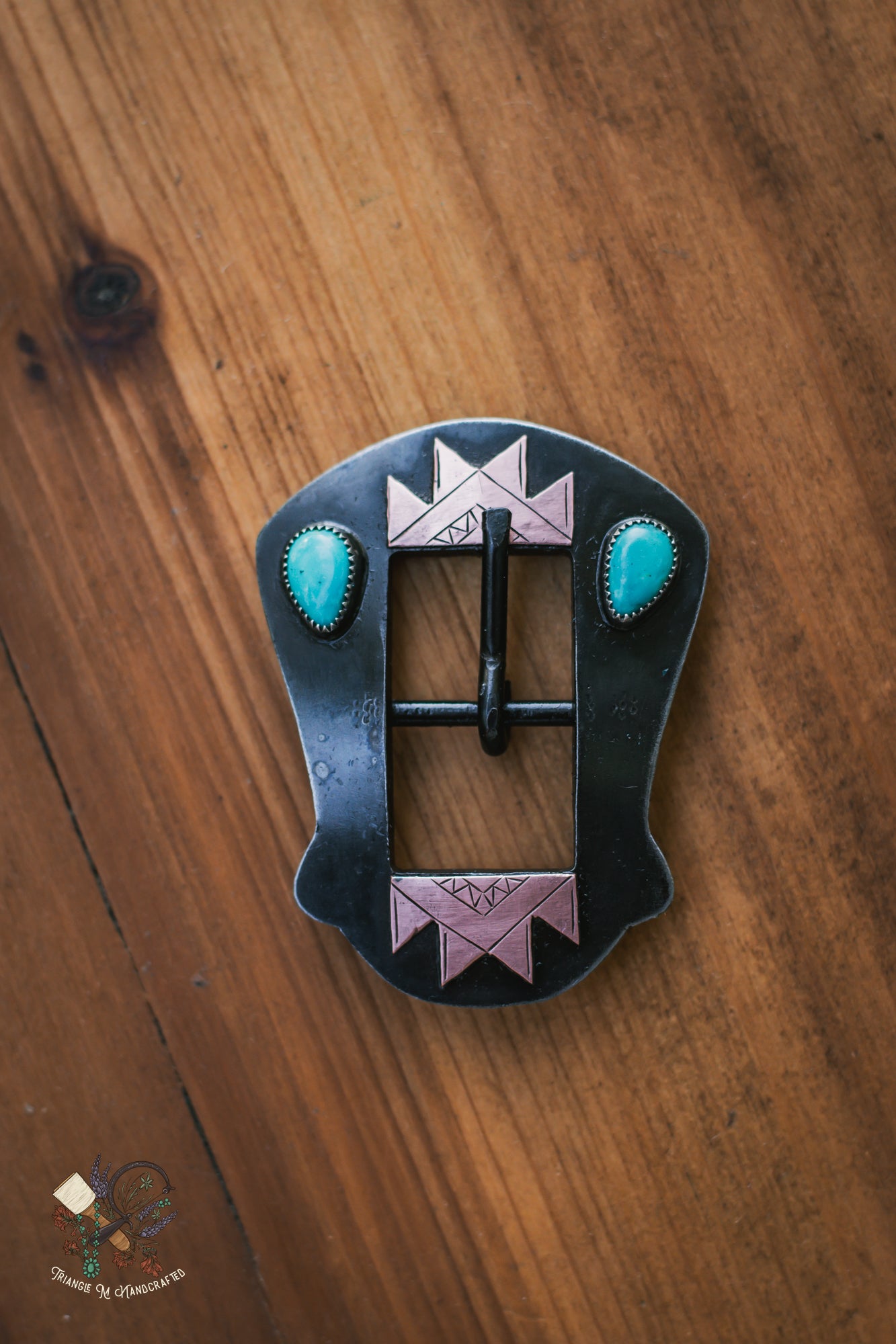 Hand Engraved 3/4" Steel Headstall Buckle with Genuine Turquoise, sterling silver and copper accents