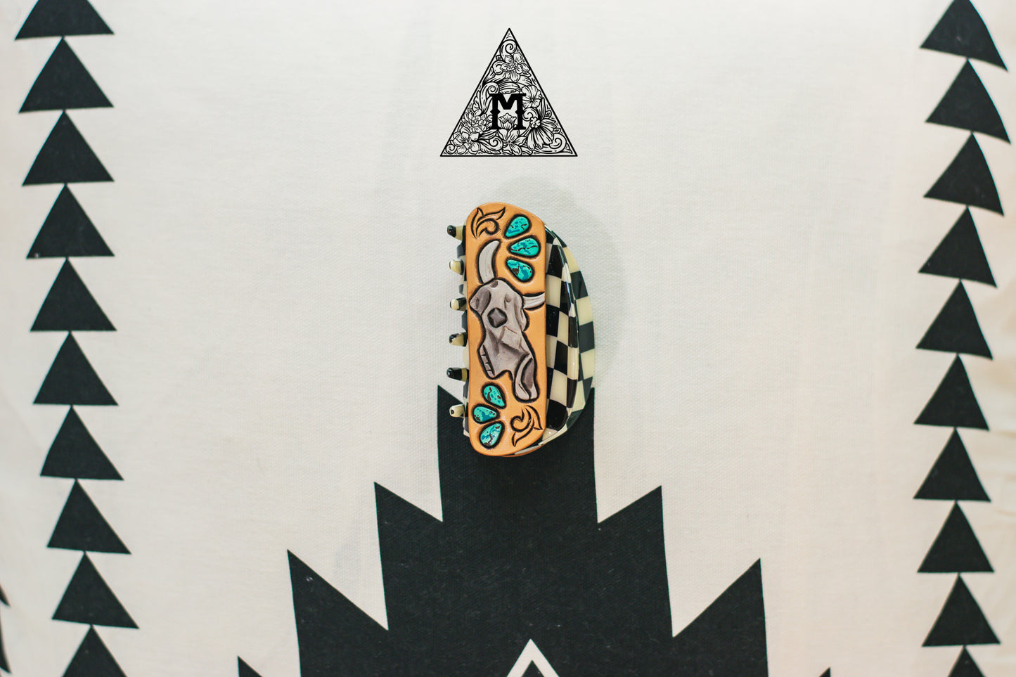 3.5" Checkered Hair Claw Clip Skull and Turquoise