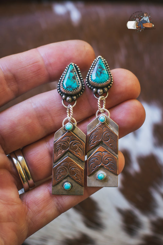 Genuine Turquoise, Sterling Silver and Hand Engraved Copper Earrings