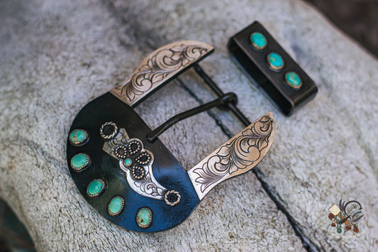 Hand Engraved 1.5" Steel Belt Buckle with Genuine Turquoise and sterling silver Accents (Includes Keeper)