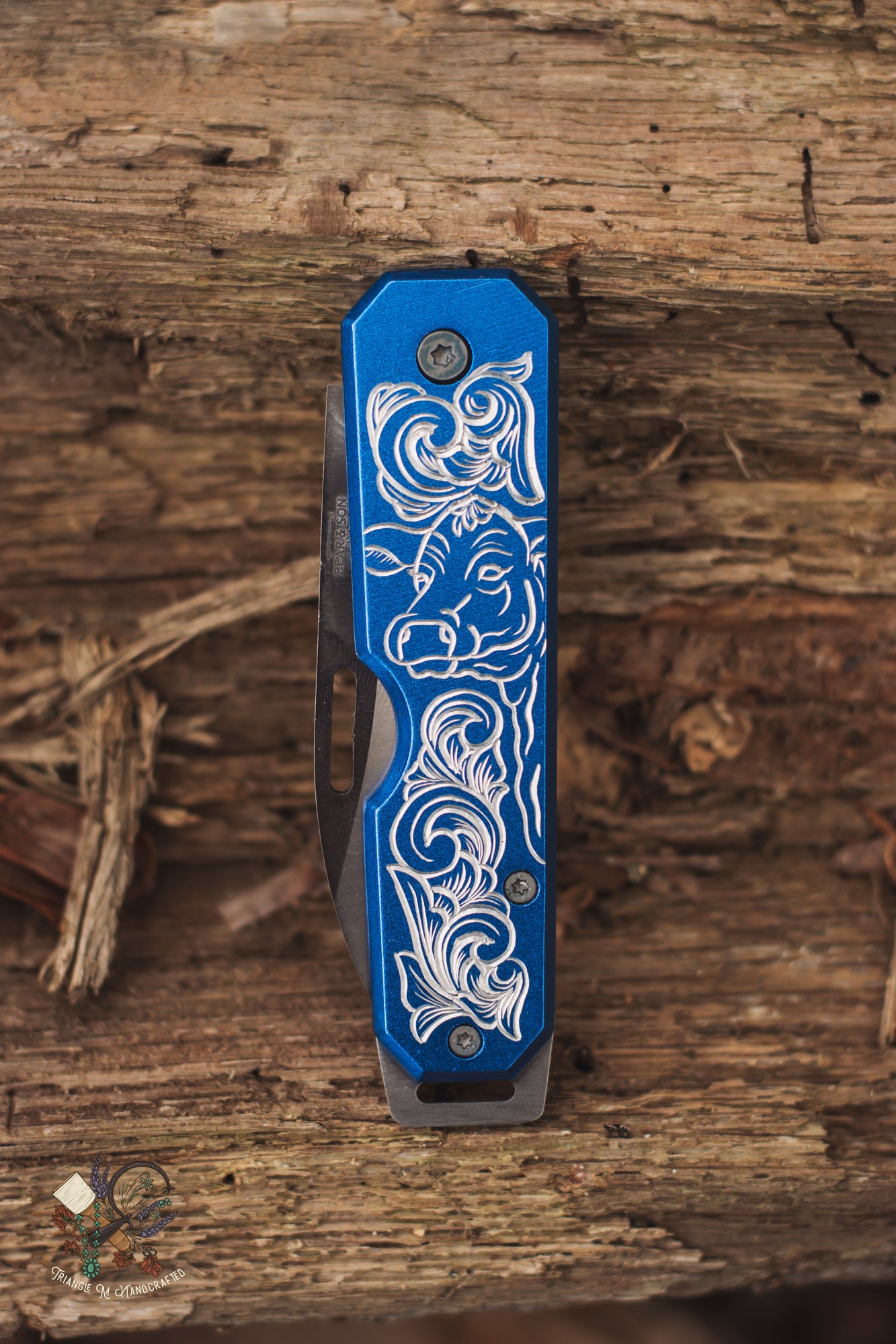 Hand Engraved Bear and Son Knife Blue