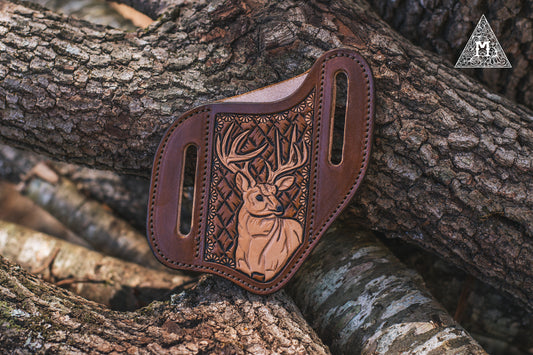 SALE Hand Tooled Leather Pancake Belt Knife Sheath Trapper Knife Buck