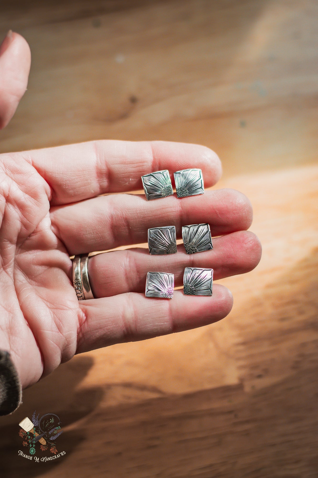 Hand Engraved Sterling Silver Earrings Simple Studs