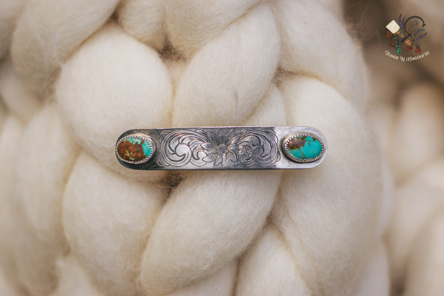 Hand Engraved Hair Barrette with Genuine Turquoise