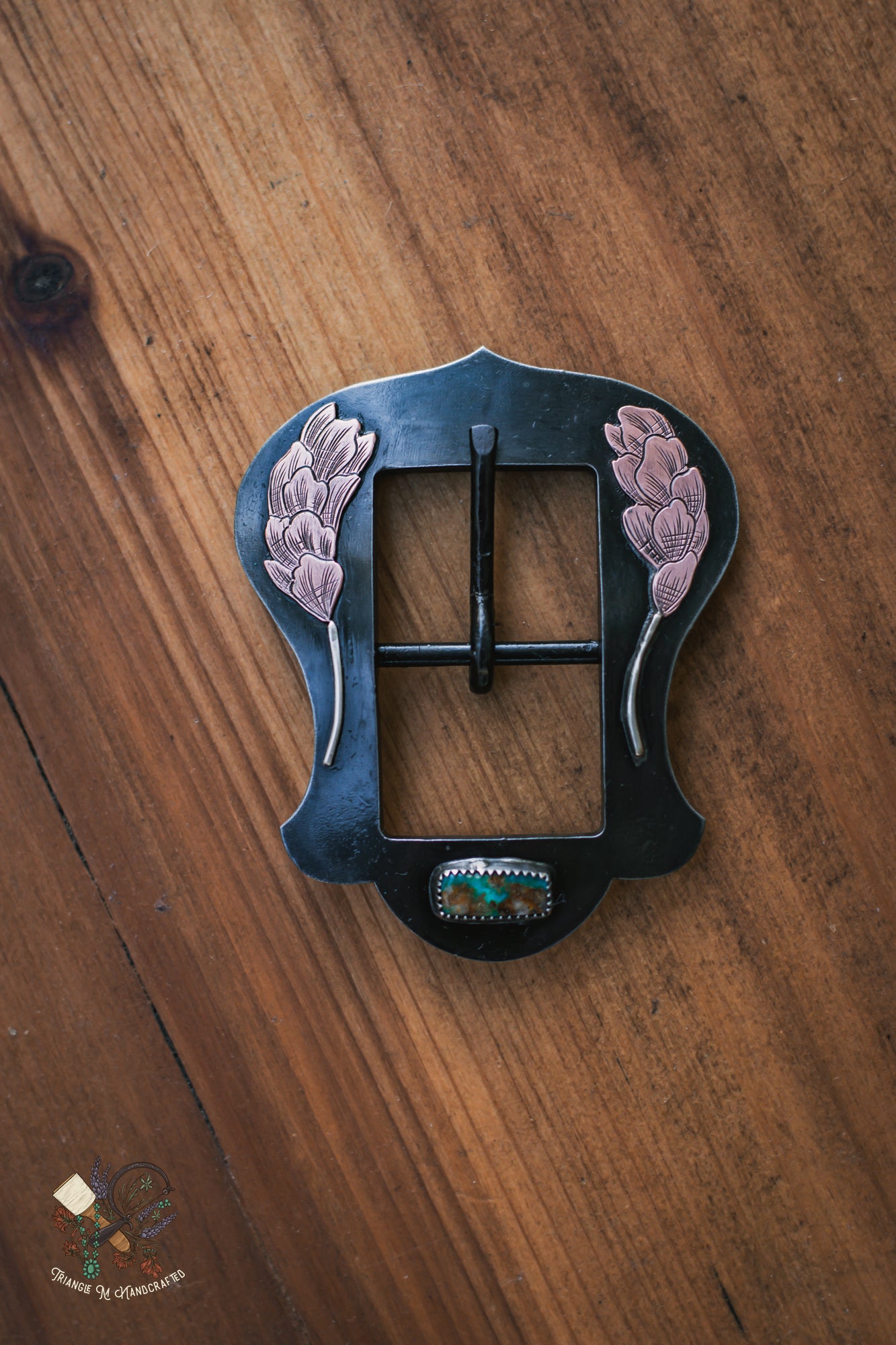 Hand Engraved 1" Steel Headstall Buckle with Genuine Turquoise, sterling silver and copper accents