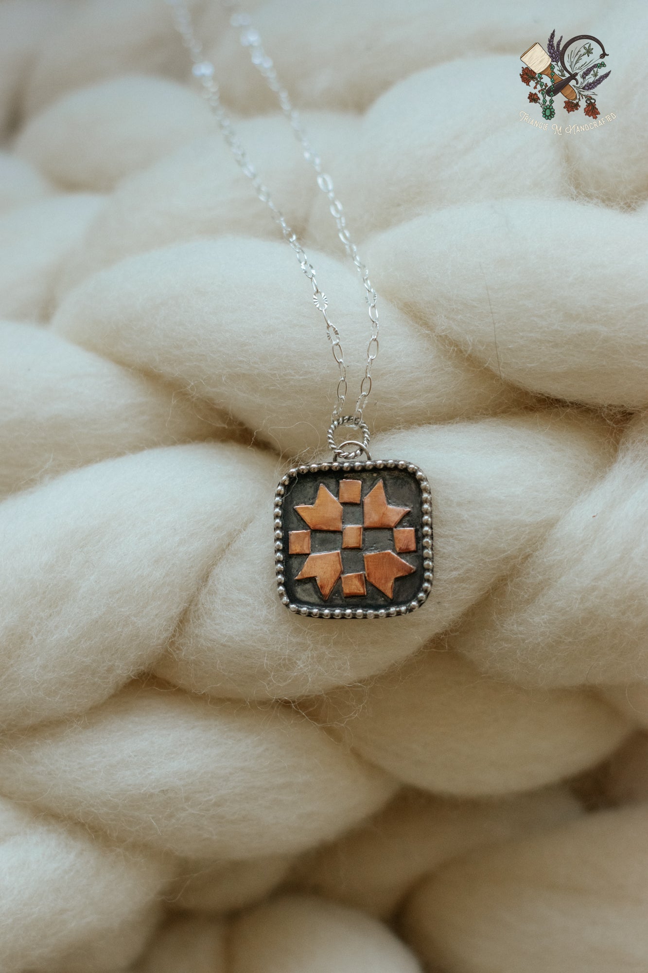 Sterling Silver and Copper Patchwork Pendant Necklace