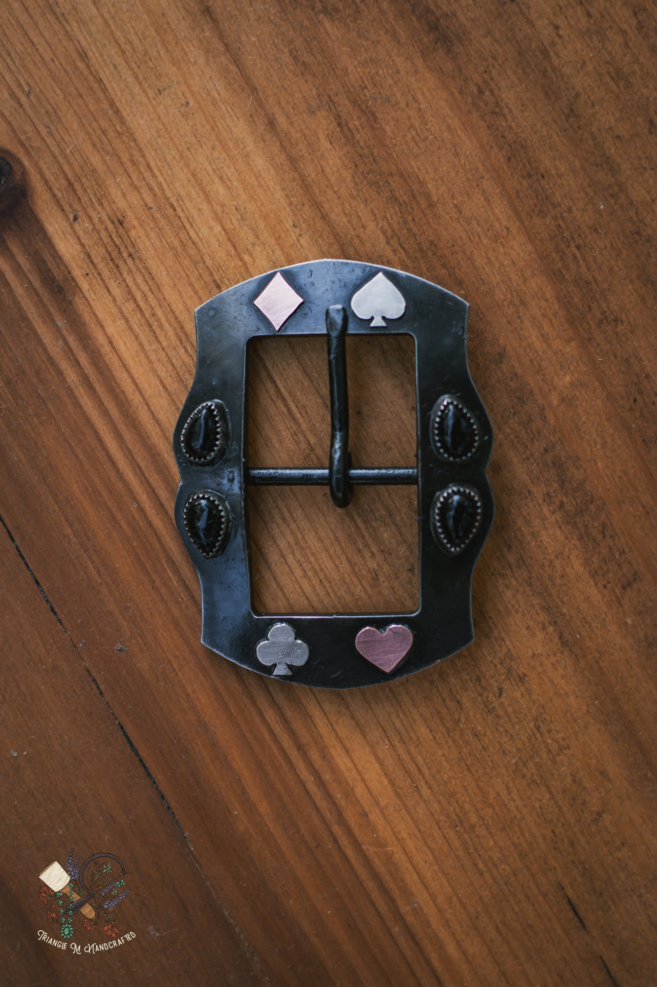 Hand Engraved 1" Steel Headstall Buckle with Black Onyx, sterling silver and copper accents