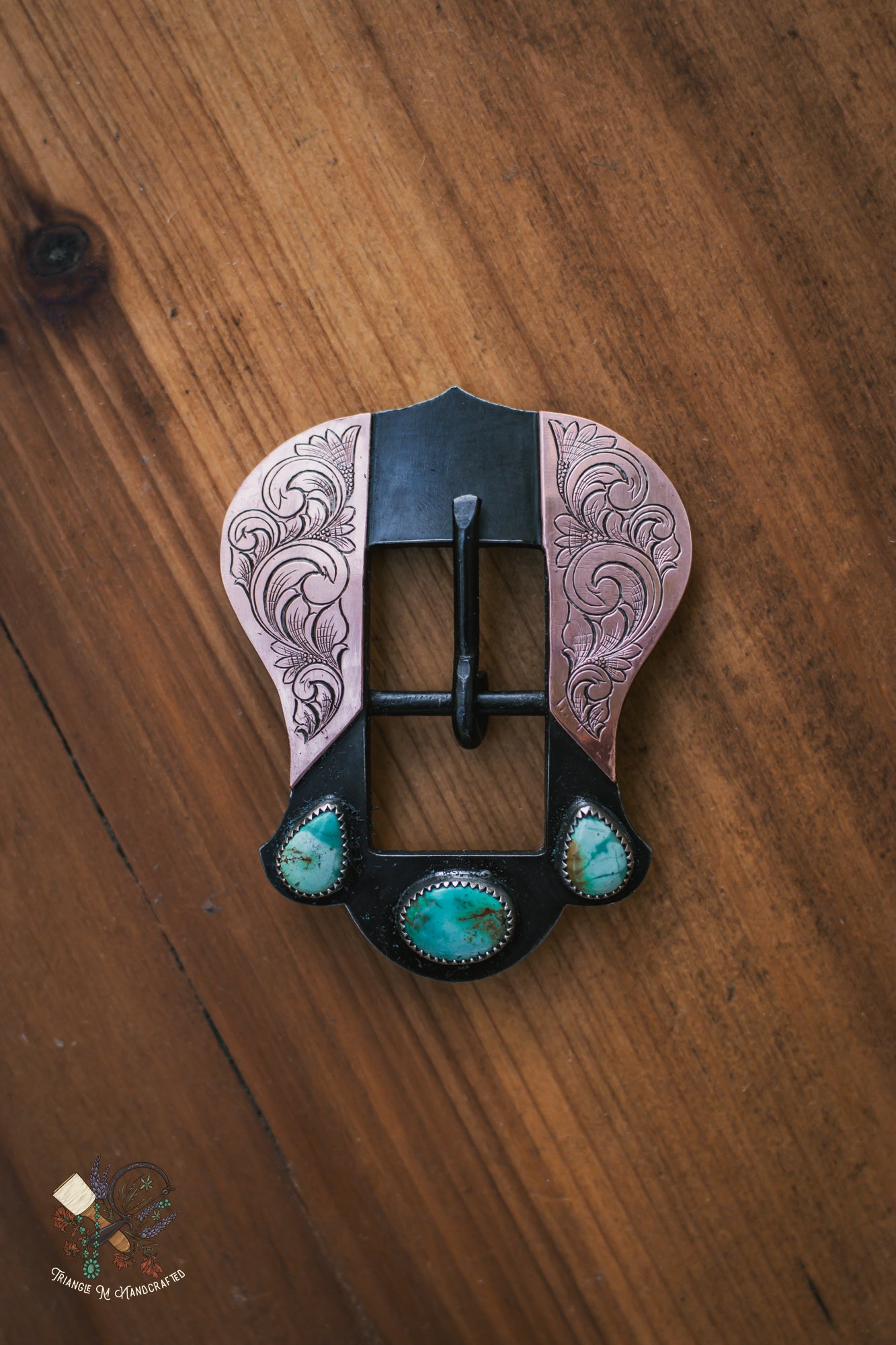 Hand Engraved 3/4" Steel Headstall Buckle with Genuine Turquoise, sterling silver and copper accents