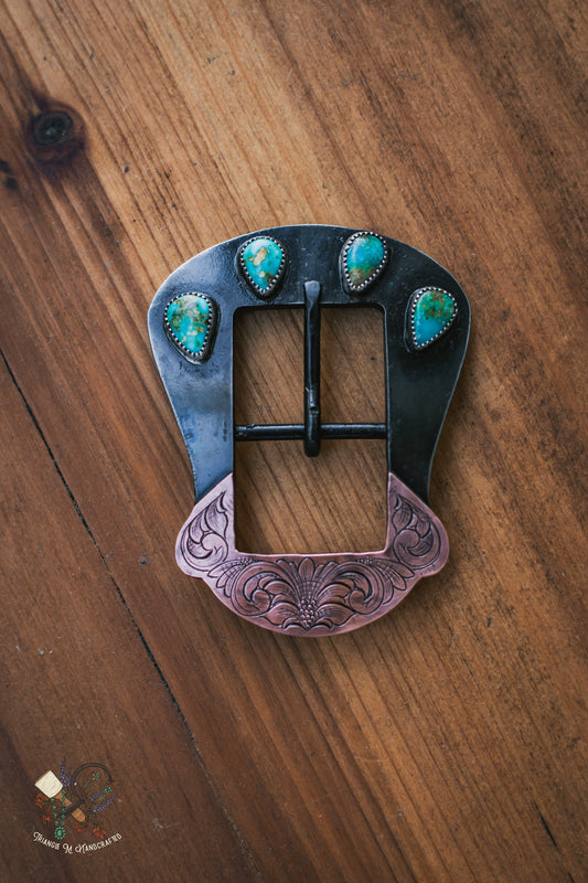 Hand Engraved 1" Steel Headstall Buckle with Genuine Turquoise, sterling silver and copper accents