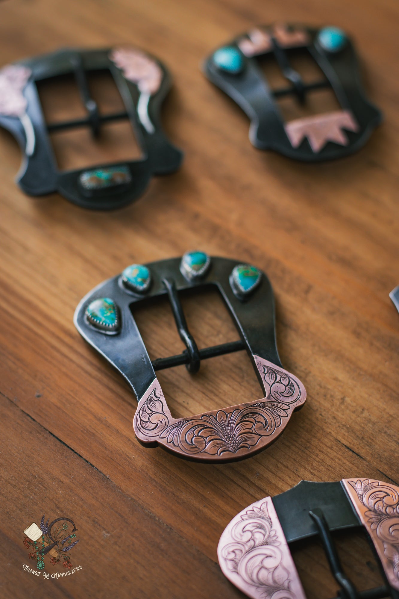 Hand Engraved 1" Steel Headstall Buckle with Genuine Turquoise, sterling silver and copper accents
