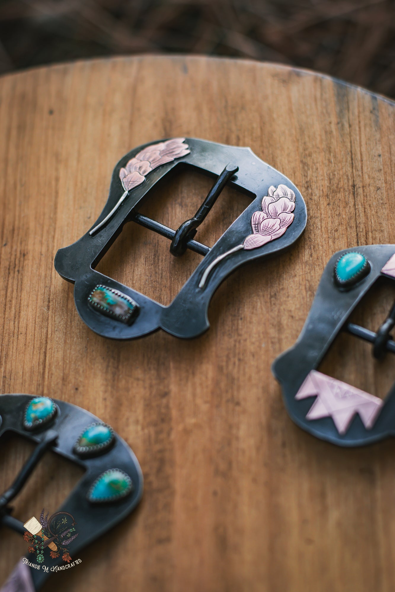 Hand Engraved 1" Steel Headstall Buckle with Genuine Turquoise, sterling silver and copper accents