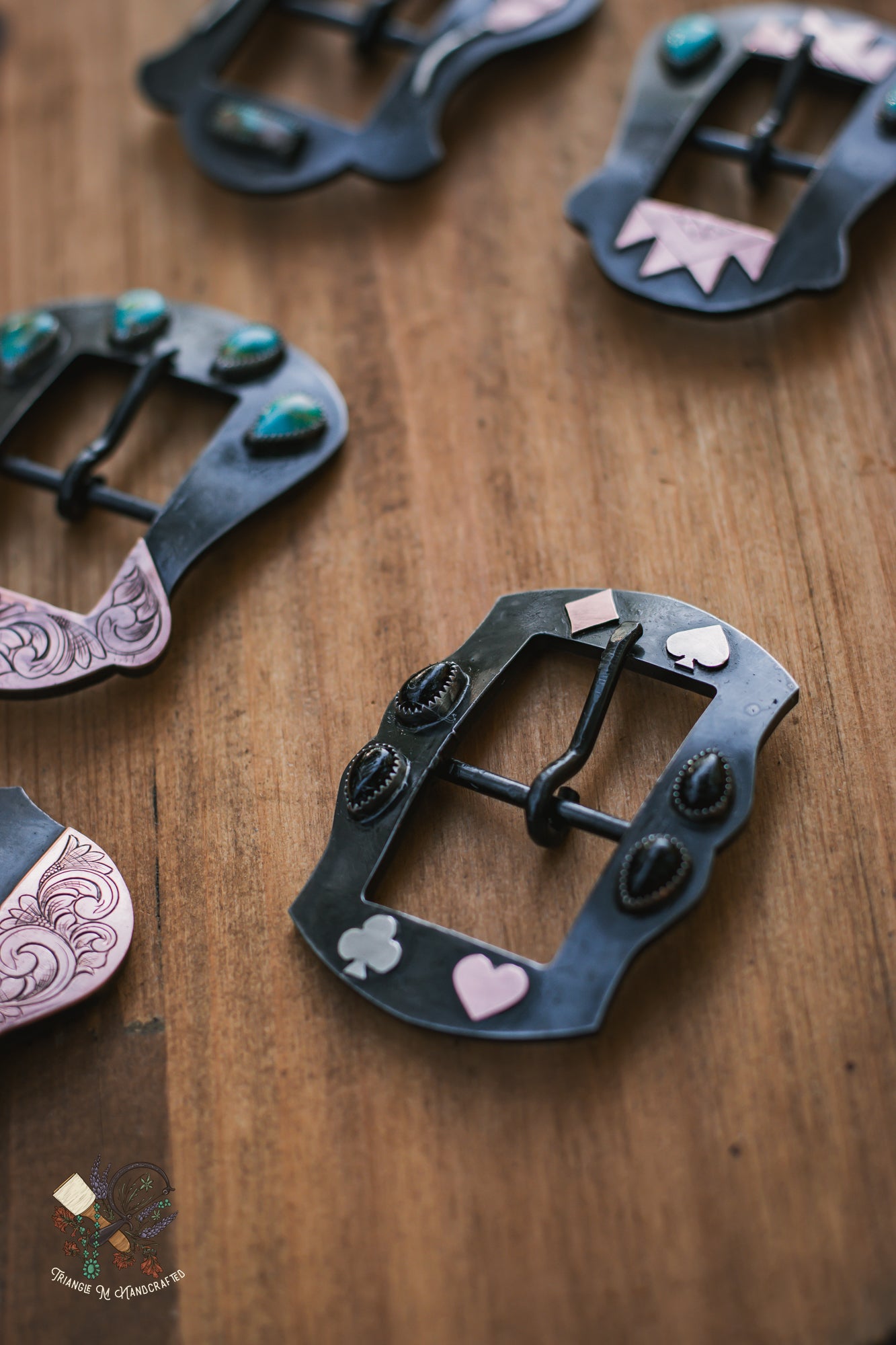 Hand Engraved 1" Steel Headstall Buckle with Black Onyx, sterling silver and copper accents